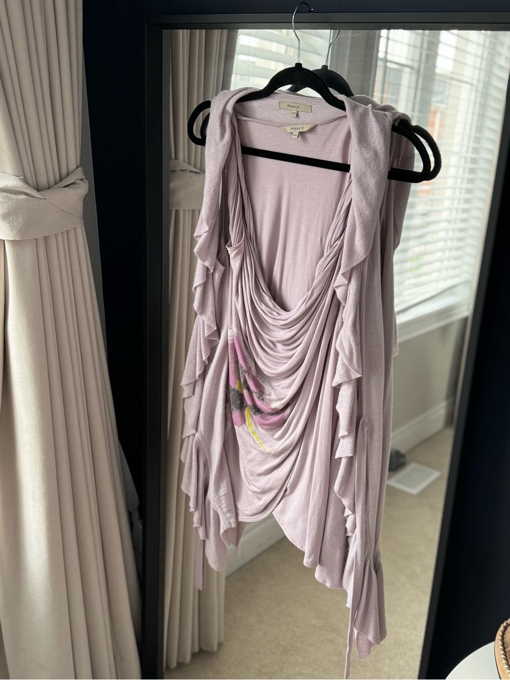 RW&CO. Light Lavender Draped Ruffle Asymmetrical Long Tank Top & Cardigan Set